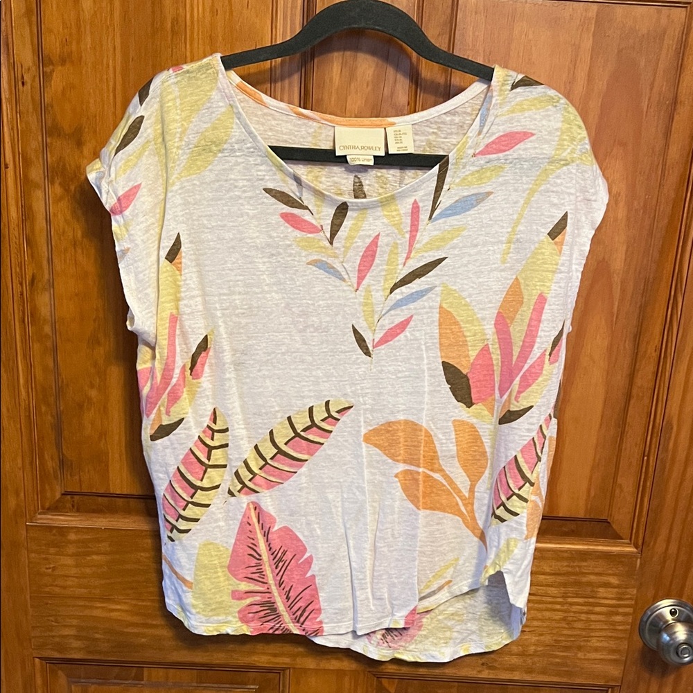 Cynthia Rowley White Tee with Pink, Yellow & Orange Leaf Print
